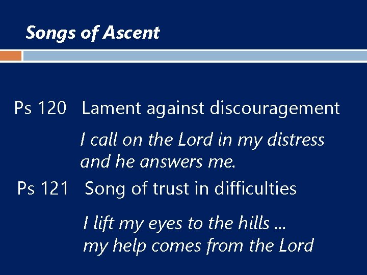 Songs of Ascent Ps 120 Lament against discouragement I call on the Lord in