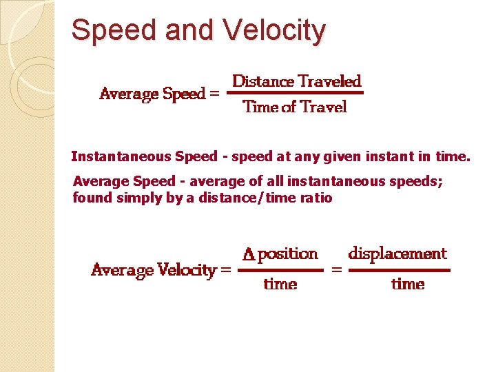 Speed and Velocity Instantaneous Speed - speed at any given instant in time. Average