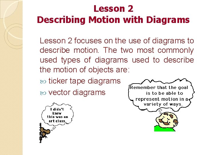 Lesson 2 Describing Motion with Diagrams Lesson 2 focuses on the use of diagrams