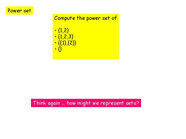 Power set Compute the power set of • {1, 2} • {1, 2, 3}