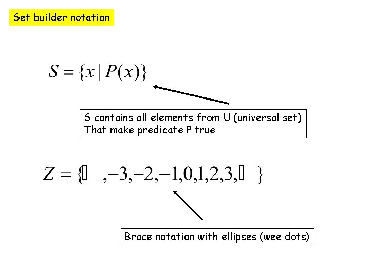 Set builder notation S contains all elements from U (universal set) That make predicate