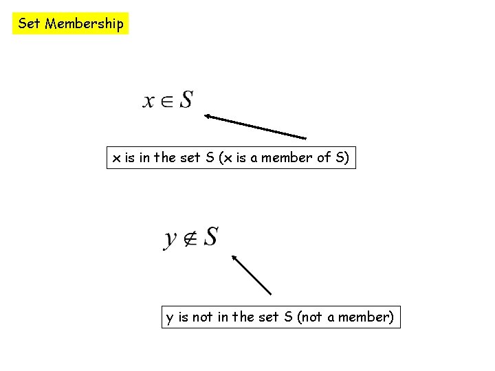 Set Membership x is in the set S (x is a member of S)