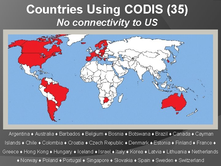 Countries Using CODIS (35) No connectivity to US Argentina ♦ Australia ♦ Barbados ♦