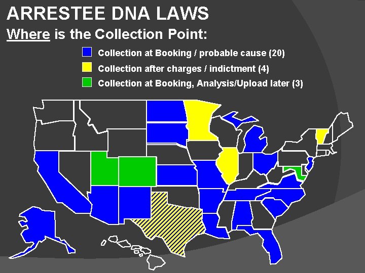 ARRESTEE DNA LAWS Where is the Collection Point: Collection at Booking / probable cause