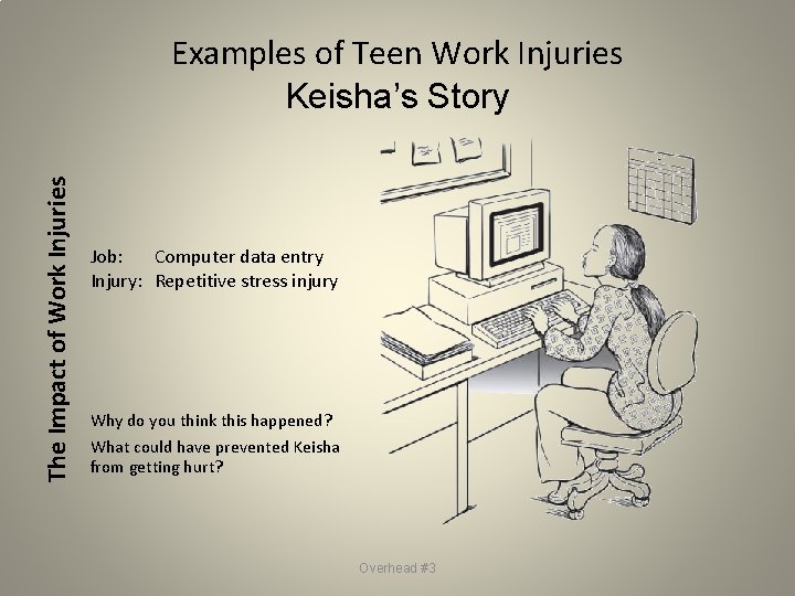 The Impact of Work Injuries Examples of Teen Work Injuries Keisha’s Story Job: Computer The Impact of Work Injuries Examples of Teen Work Injuries Keisha’s Story Job: Computer