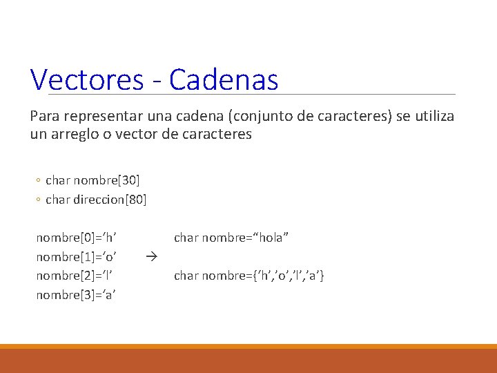 Vectores - Cadenas Para representar una cadena (conjunto de caracteres) se utiliza un arreglo