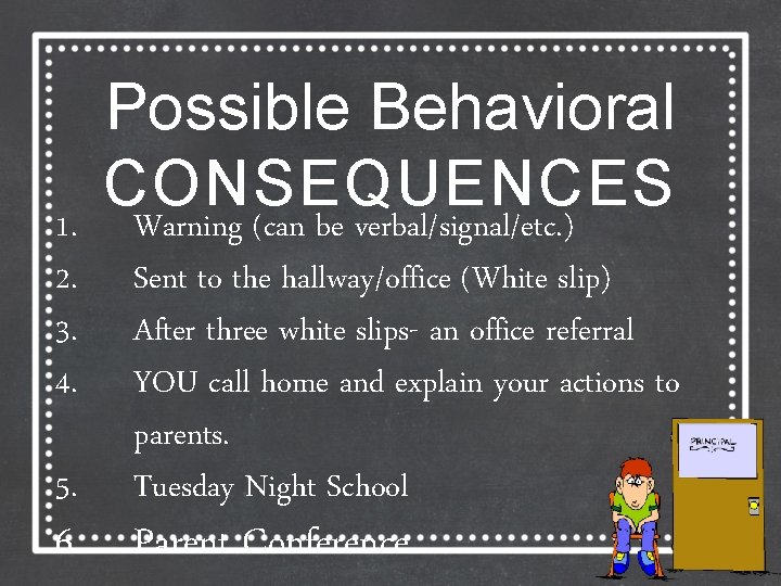 1. 2. 3. 4. 5. Possible Behavioral CONSEQUENCES Warning (can be verbal/signal/etc. ) Sent