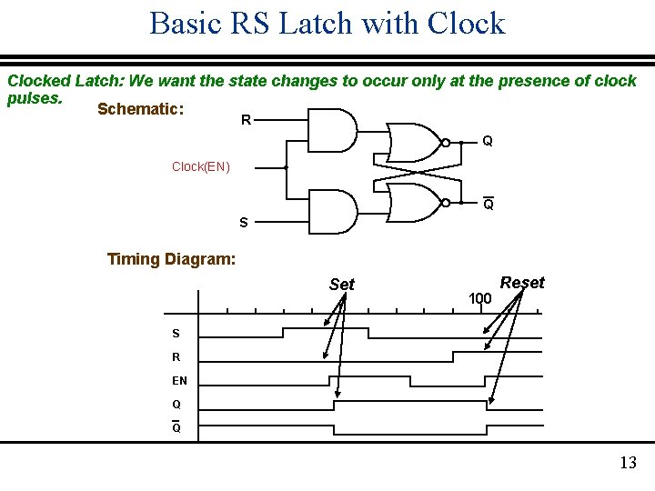 Basic RS Latch with Clocked Latch: We want the state changes to occur only