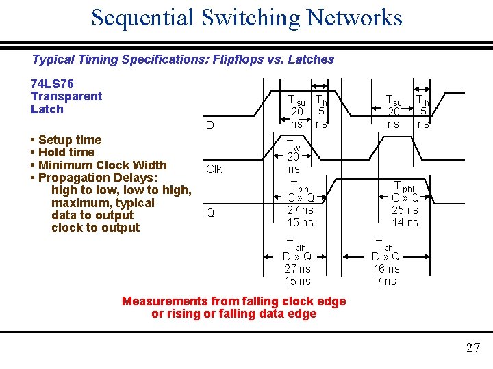 Sequential Switching Networks Typical Timing Specifications: Flipflops vs. Latches 74 LS 76 Transparent Latch