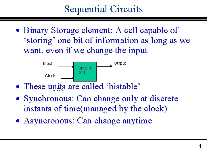 Sequential Circuits · Binary Storage element: A cell capable of ‘storing’ one bit of