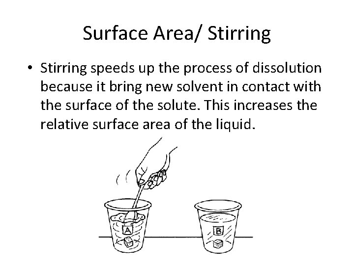 Surface Area/ Stirring • Stirring speeds up the process of dissolution because it bring
