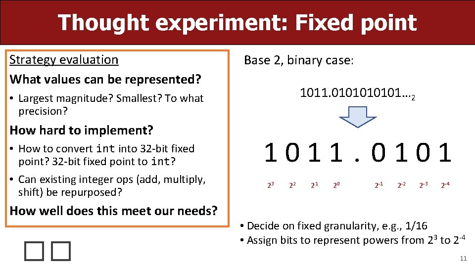 Thought experiment: Fixed point Strategy evaluation What values can be represented? Base 2, binary