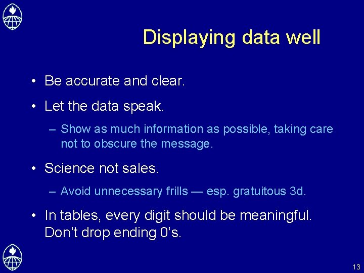Displaying data well • Be accurate and clear. • Let the data speak. –