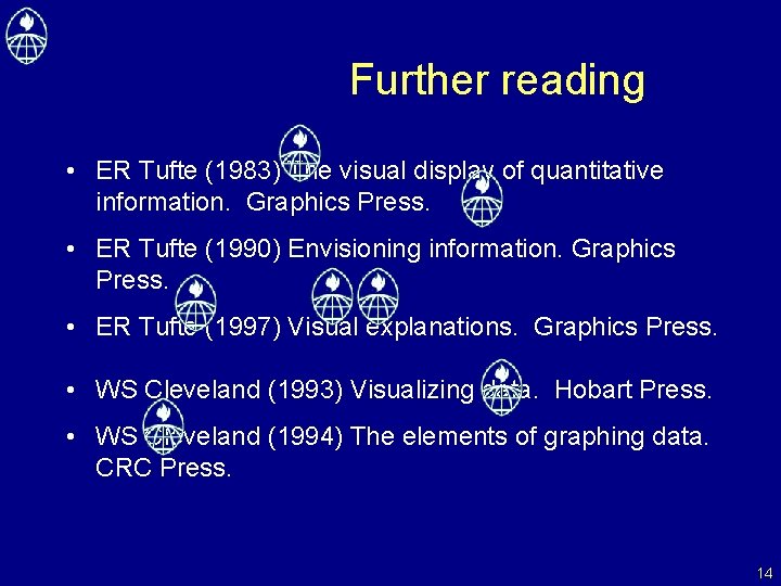 Further reading • ER Tufte (1983) The visual display of quantitative information. Graphics Press.