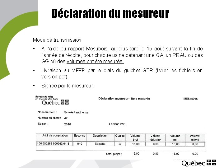 Déclaration du mesureur Mode de transmission • À l’aide du rapport Mesubois, au plus