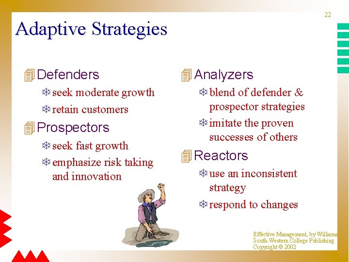 22 Adaptive Strategies 4 Defenders T seek moderate growth T retain customers 4 Prospectors