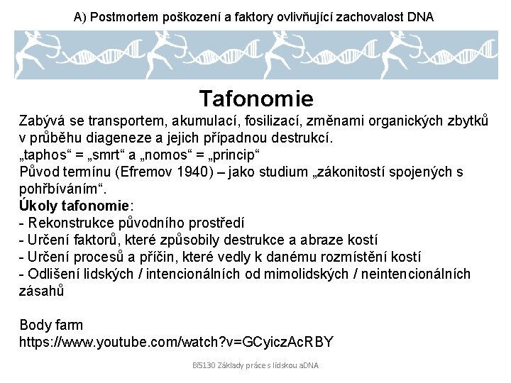 A) Postmortem poškození a faktory ovlivňující zachovalost DNA Tafonomie Zabývá se transportem, akumulací, fosilizací,