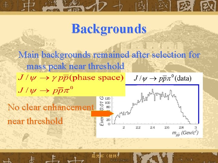 Backgrounds Main backgrounds remained after selection for mass peak near threshold No clear enhancement