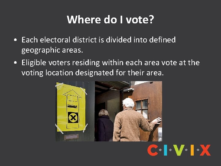 Where do I vote? • Each electoral district is divided into defined geographic areas.