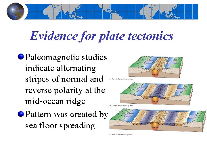 Evidence for plate tectonics Paleomagnetic studies indicate alternating stripes of normal and reverse polarity