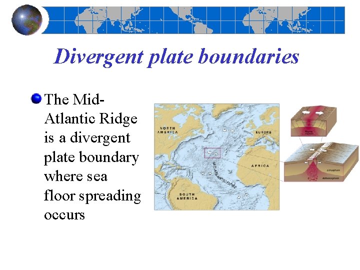 Divergent plate boundaries The Mid. Atlantic Ridge is a divergent plate boundary where sea