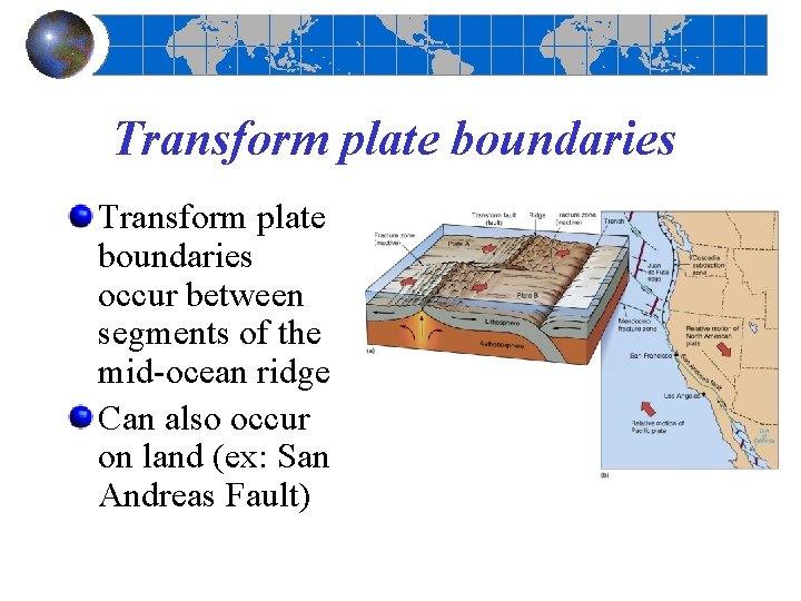 Transform plate boundaries occur between segments of the mid-ocean ridge Can also occur on