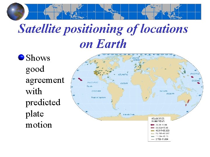 Satellite positioning of locations on Earth Shows good agreement with predicted plate motion 