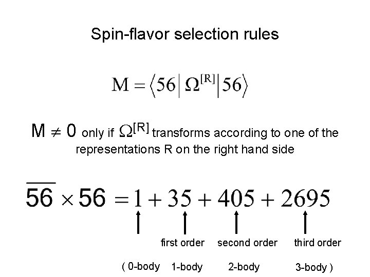 Spin-flavor selection rules M 0 only if [R] transforms according to one of the