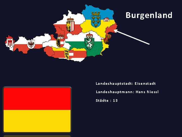 Burgenland Landeshauptstadt: Eisenstadt Landeshauptmann: Hans Niessl Städte : 13 