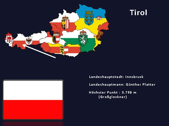 Tirol Landeshauptstadt: Innsbruck Landeshauptmann: Günther Platter Höchster Punkt : 3. 798 m (Großglockner) 