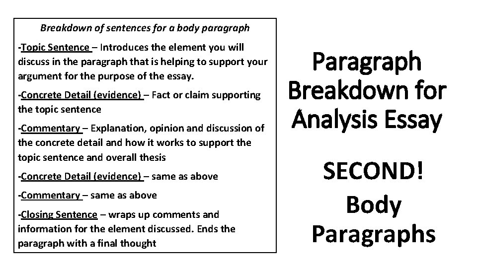 Breakdown of sentences for a body paragraph -Topic Sentence – Introduces the element you