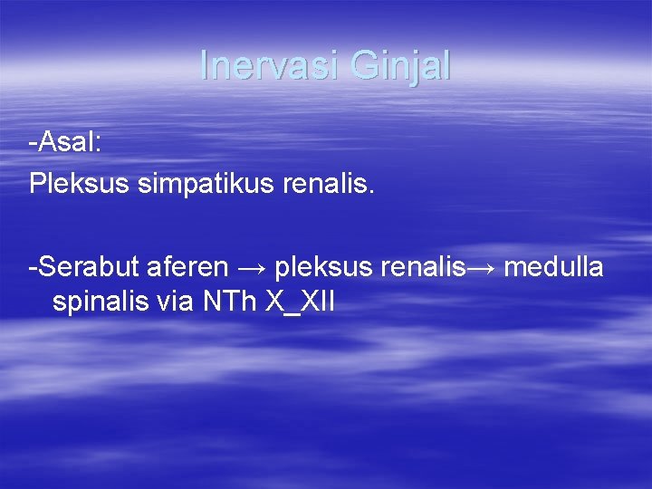 Inervasi Ginjal -Asal: Pleksus simpatikus renalis. -Serabut aferen → pleksus renalis→ medulla spinalis via