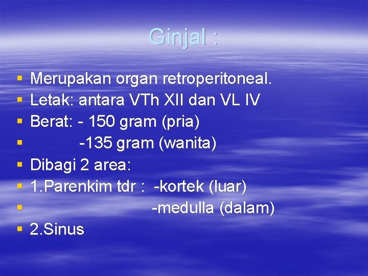 Ginjal : § § § § Merupakan organ retroperitoneal. Letak: antara VTh XII dan