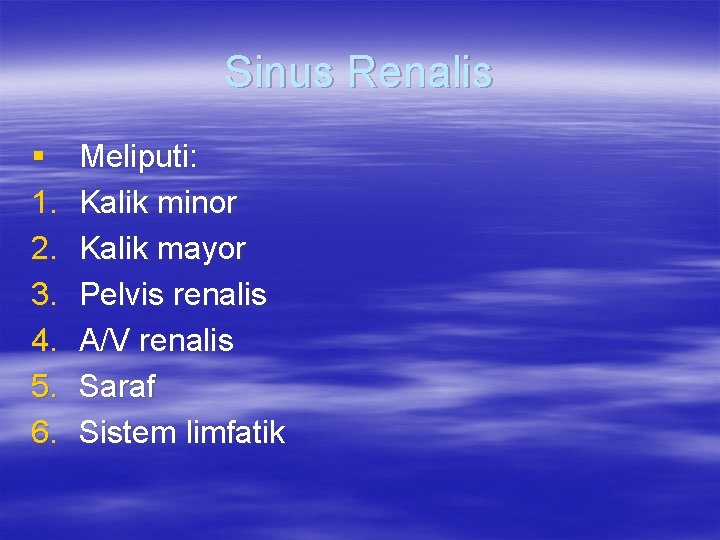 Sinus Renalis § 1. 2. 3. 4. 5. 6. Meliputi: Kalik minor Kalik mayor