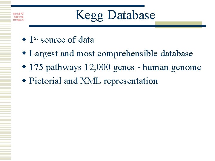 Kegg Database w 1 st source of data w Largest and most comprehensible database