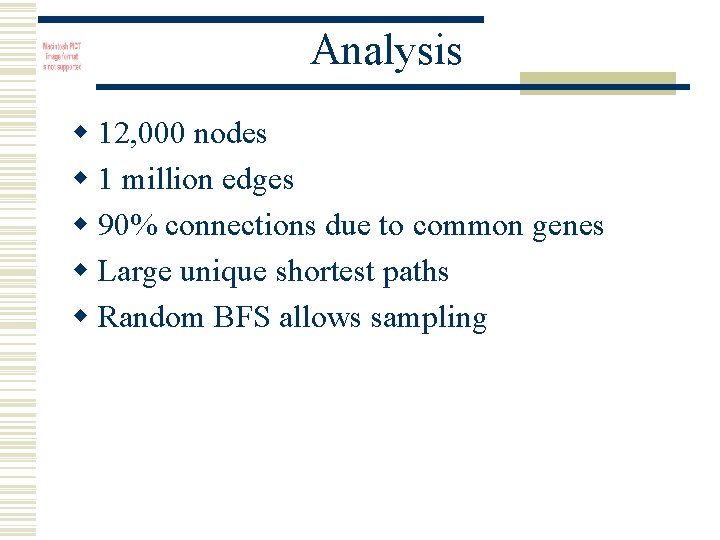 Analysis w 12, 000 nodes w 1 million edges w 90% connections due to
