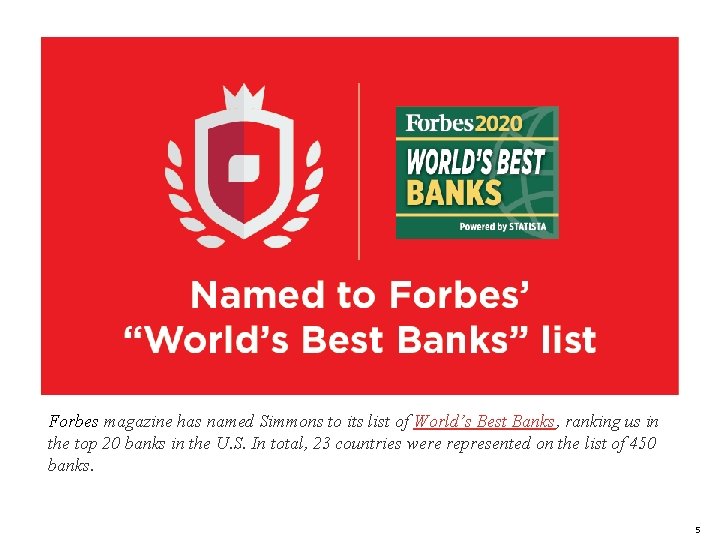 Forbes magazine has named Simmons to its list of World’s Best Banks, ranking us