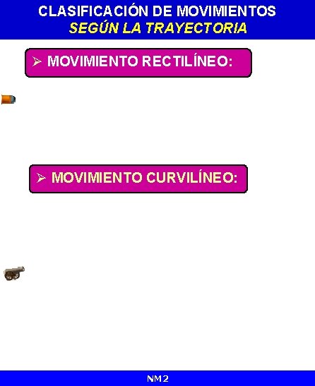 CLASIFICACIÓN DE MOVIMIENTOS SEGÚN LA TRAYECTORIA Ø MOVIMIENTO RECTILÍNEO: Ø MOVIMIENTO CURVILÍNEO: NM 2