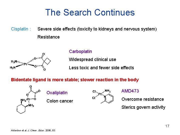 The Search Continues Cisplatin : Severe side effects (toxicity to kidneys and nervous system)