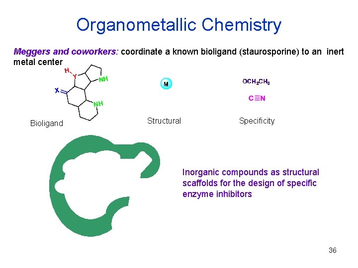 Organometallic Chemistry Meggers and coworkers: coordinate a known bioligand (staurosporine) to an inert metal