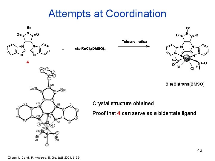 Attempts at Coordination 4 Cis(Cl)trans(DMSO) Crystal structure obtained Proof that 4 can serve as