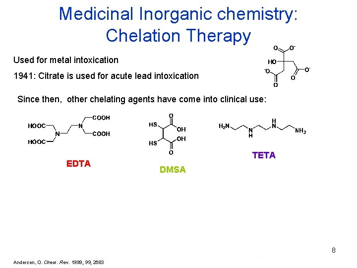 Medicinal Inorganic chemistry: Chelation Therapy Used for metal intoxication 1941: Citrate is used for