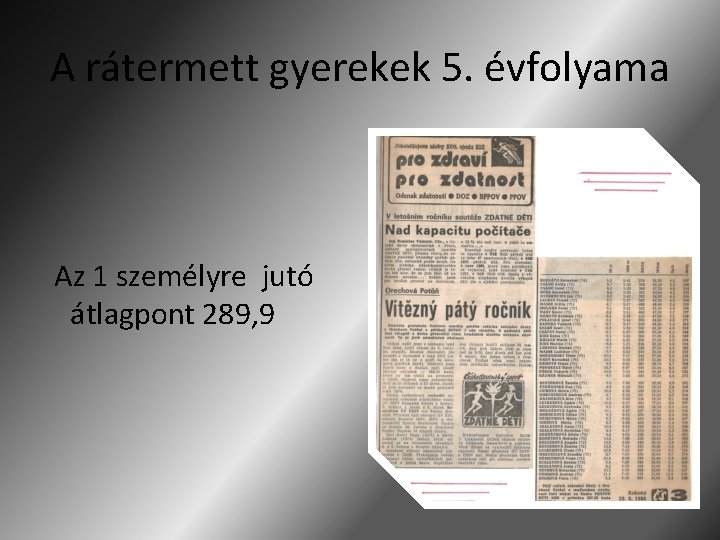 A rátermett gyerekek 5. évfolyama Az 1 személyre jutó átlagpont 289, 9 A rátermett gyerekek 5. évfolyama Az 1 személyre jutó átlagpont 289, 9