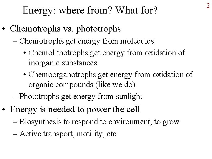 Energy: where from? What for? • Chemotrophs vs. phototrophs – Chemotrophs get energy from