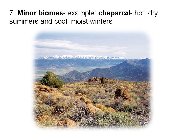 7. Minor biomes- example: chaparral- hot, dry summers and cool, moist winters 