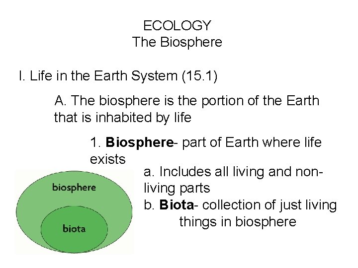 ECOLOGY The Biosphere I. Life in the Earth System (15. 1) A. The biosphere
