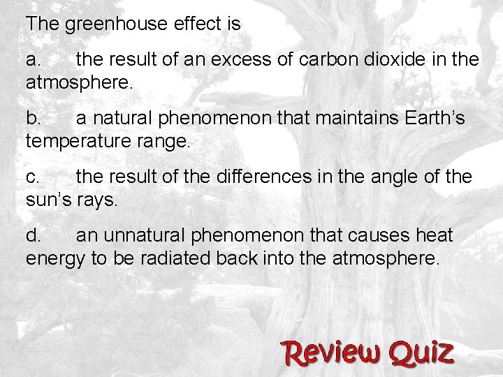 The greenhouse effect is a. the result of an excess of carbon dioxide in