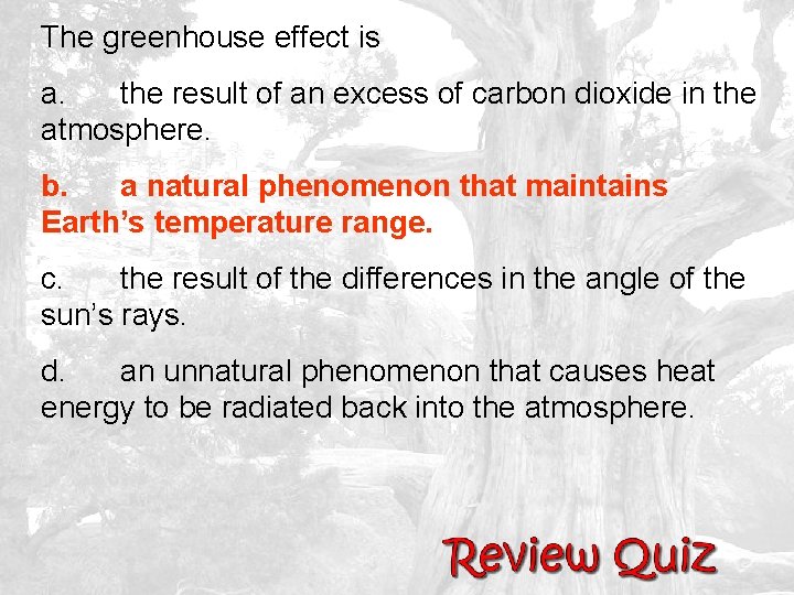 The greenhouse effect is a. the result of an excess of carbon dioxide in