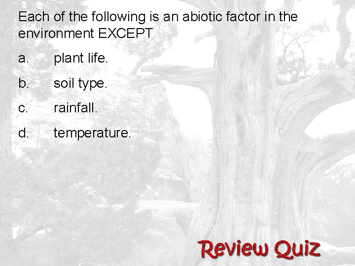 Each of the following is an abiotic factor in the environment EXCEPT a. plant