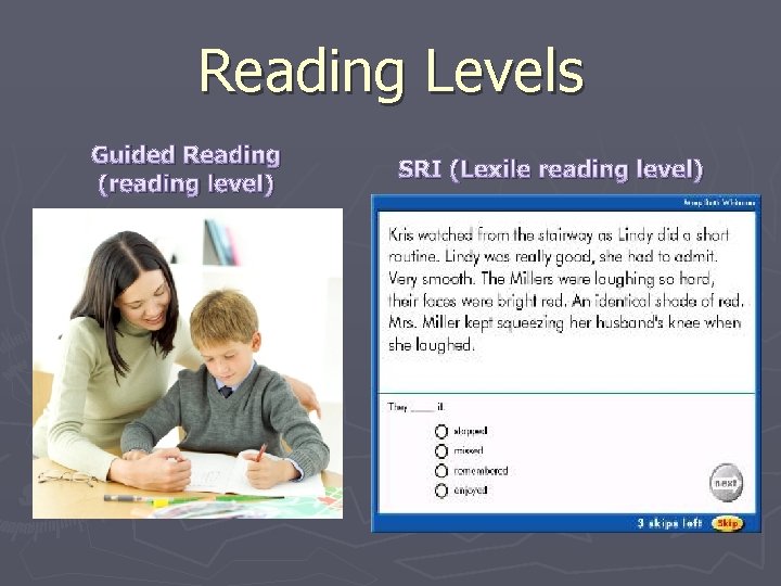Reading Levels Guided Reading (reading level) SRI (Lexile reading level) 